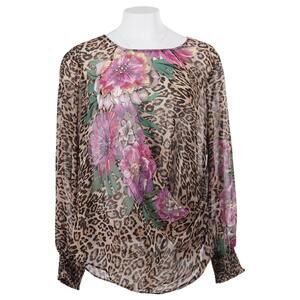 INC International Concepts Women Top 1X Brown Leopard Floral Sheer Embellished